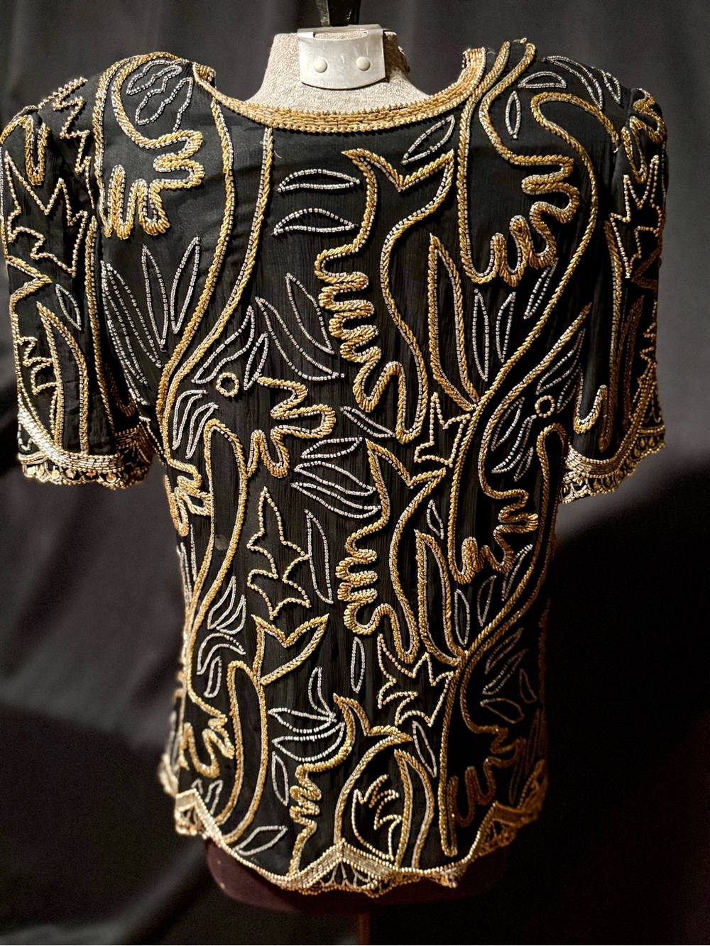 VTG Laurence Kazar Black Top with Gold & Silver Beadwork - Size M